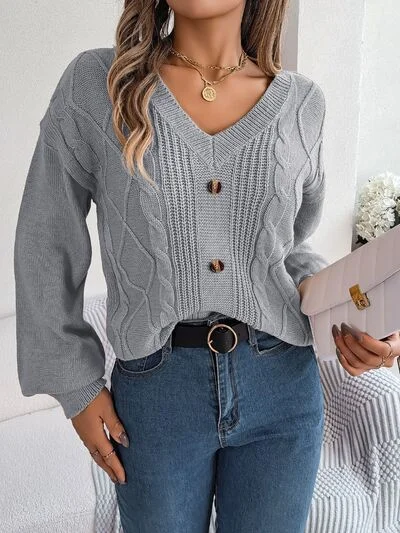 Open - Front Women Sweater for Easy LayeringCable-Knit Buttoned V-Neck Sweater