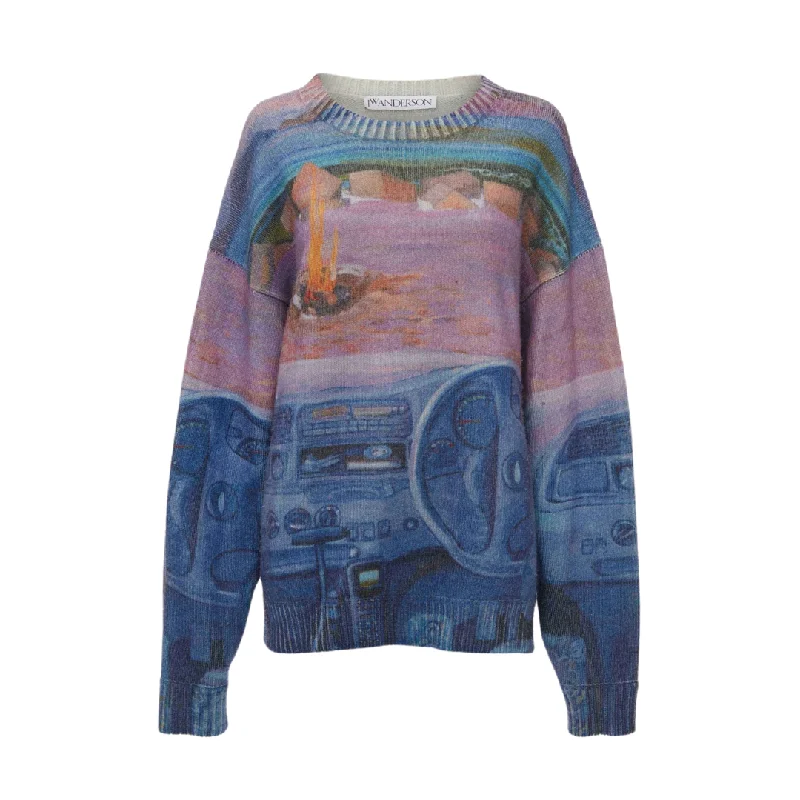 Cropped Women Sweater to Pair with High - Waisted BottomsCar Print Jumper