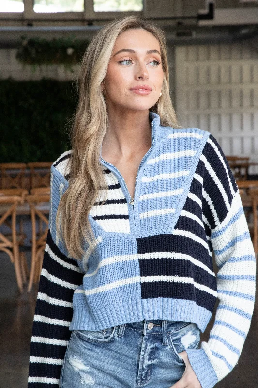 Cashmere Women Sweater with a Luxurious Soft TouchCharleigh Colorblock Striped Sweater, Light Blue/Navy/White