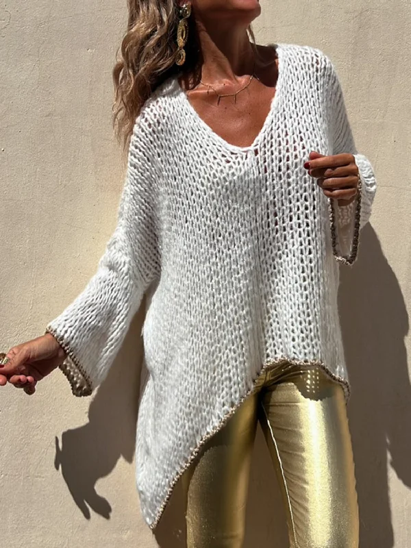 Cable - Knit Women Sweater with Intricate PatternsContrast V-Neck Long Sleeve Sweater