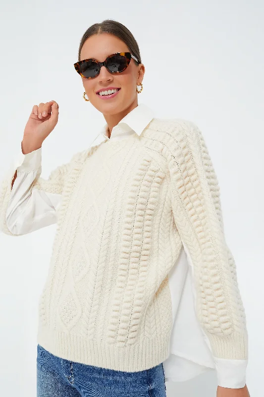 V - Neck Women Sweater to Elongate the NecklineCream Leni Fisherman Cable Long Sleeve Combo Sweater