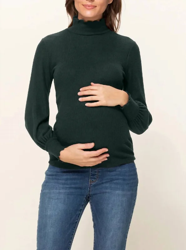 Cashmere Women Sweater with a Luxurious Soft TouchCurly Hem Mock Neck Ribbed Sweater Knit Maternity Top In Dark Green