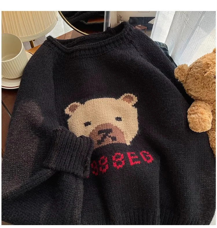 V - Neck Women Sweater to Elongate the NecklineDesigned bear jacquard round neck sweater for women knitted top trendy     S4886