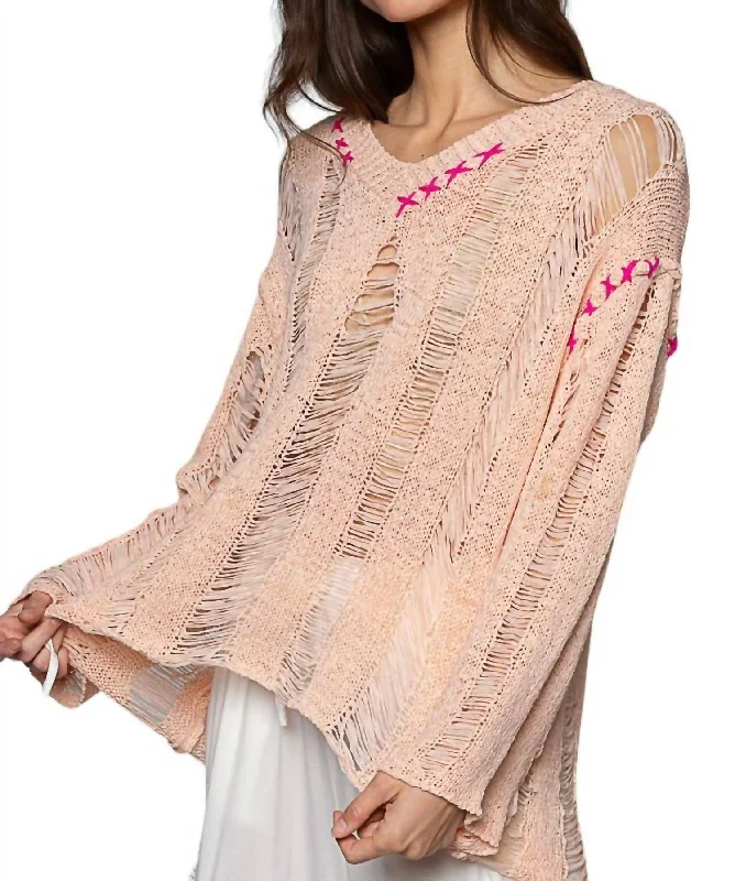 Cable - Knit Women Sweater with Intricate PatternsDistressed V-Neck Top Sweater In Peach