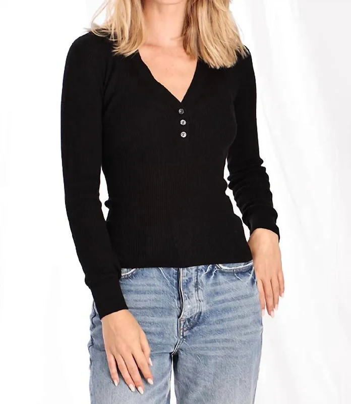 Lightweight Women Sweater for Spring and FallFine Silk/cashmere Henley Long Sleeve Top In Black