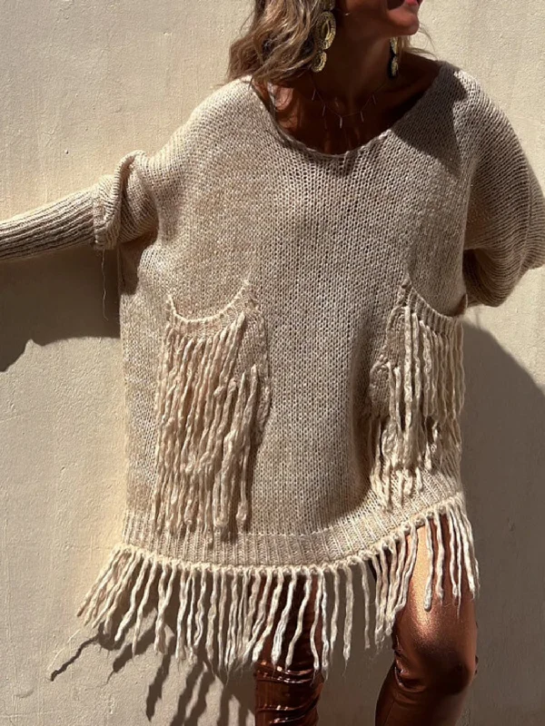 Sequin - Embellished Women Sweater for Special OccasionsFringe Detail Long Sleeve Sweater with Pockets