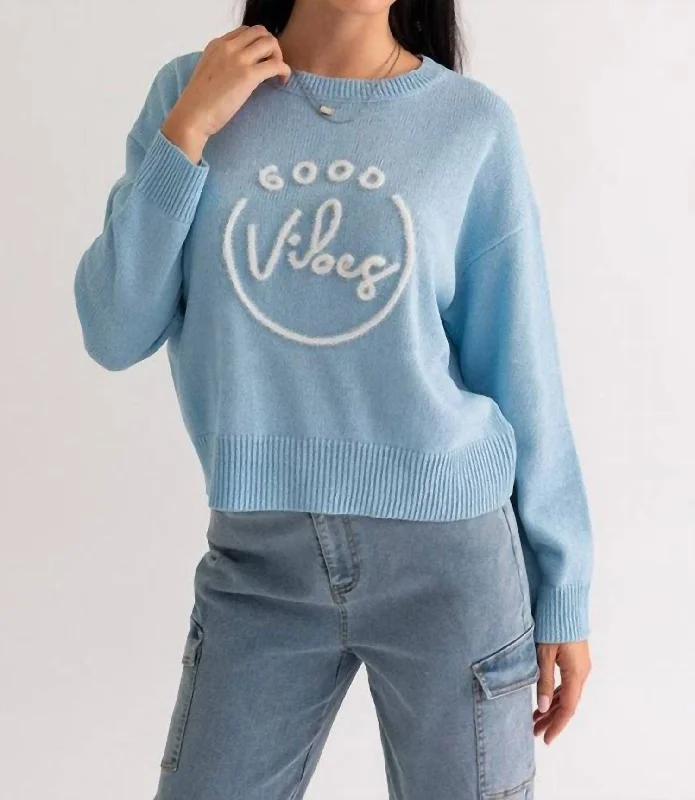 Long - Sleeve Women Sweater with Ribbed CuffsGood Vibes Sweater In Light Blue