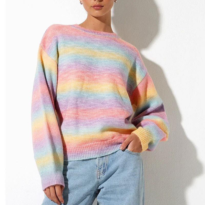 Cable - Knit Women Sweater with Intricate PatternsGradient Round Neck Long Sleeve Sweater