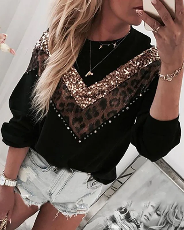 Sequin - Embellished Women Sweater for Special OccasionsHot Sale High Quality Autumn Winter New Sequined Leopard Stitching Wholesale Women's Long-sleeved Round Neck Hoodie