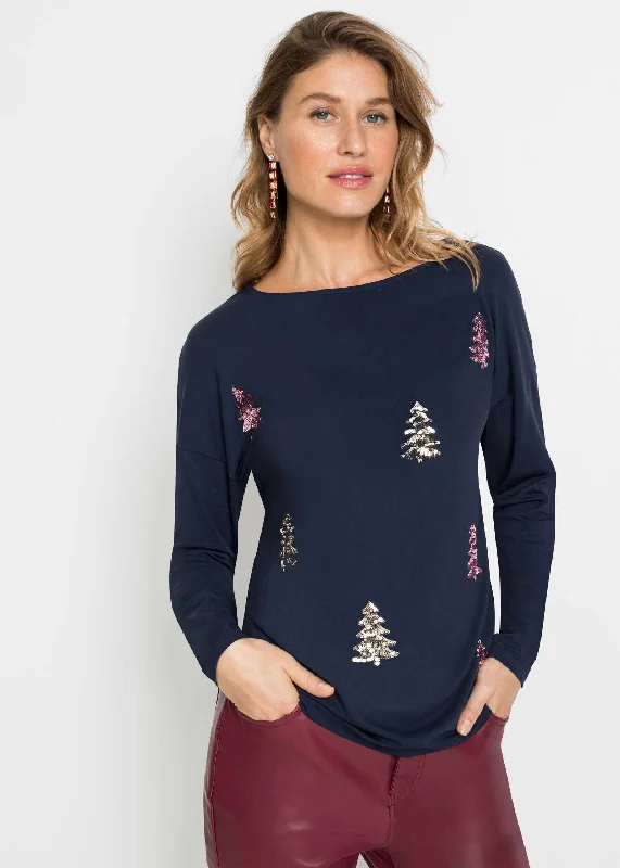 Cable - Knit Women Sweater with Intricate PatternsEmbellished Tree Top - Blue