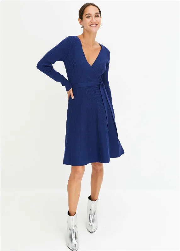 Long - Sleeve Women Sweater with Ribbed CuffsRibbed Wrap Dress - Blue