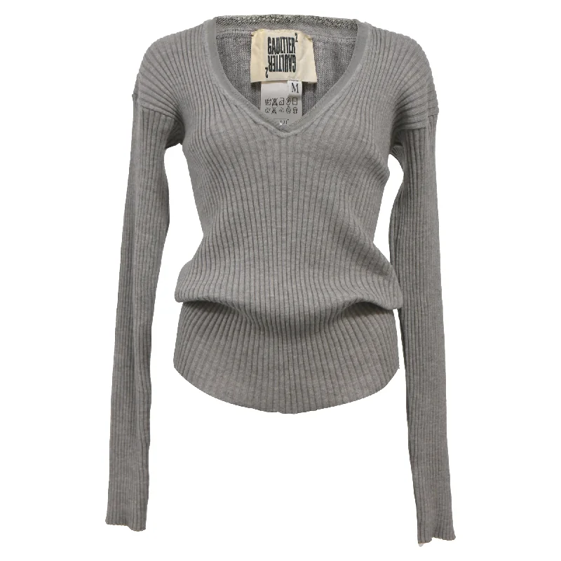 Open - Front Women Sweater for Easy LayeringJean Paul Gaultier Ribbed Knit V-Neck Sweater in Grey Wool