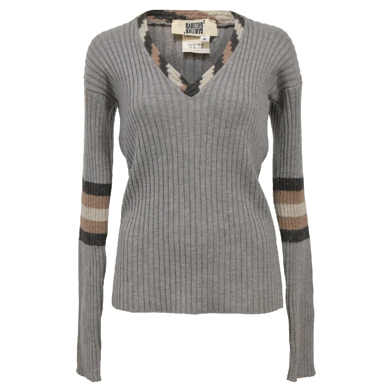 Sequin - Embellished Women Sweater for Special OccasionsJean Paul Gaultier Ribbed Knit V-Neck Sweater in Grey Wool