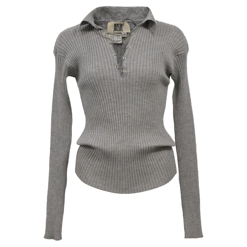 Button - Down Women Sweater for a Versatile LookJean Paul Gaultier Ribbed Knit V-Neck With Tie Sweater in Grey Wool