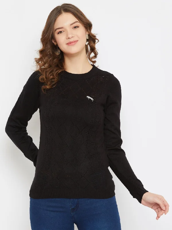 Hooded Women Sweater for Added Comfort and StyleJUMP USA Women Black Self Design Casual Sweater