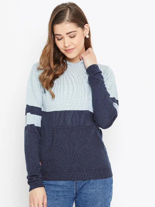 Open - Front Women Sweater for Easy LayeringJUMP USA Women Blue Colourblocked Hooded Sweater