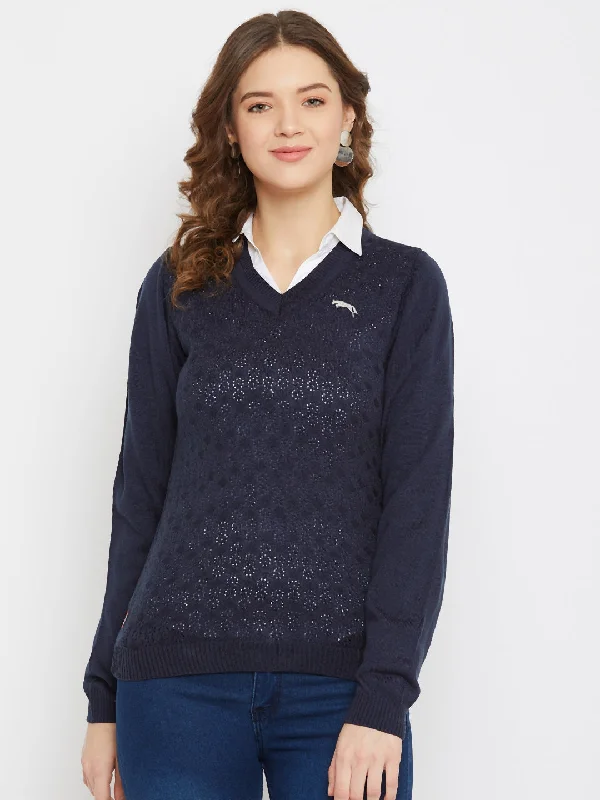 Cable - Knit Women Sweater with Intricate PatternsJUMP USA Women Navy Blue Self Design Sweater