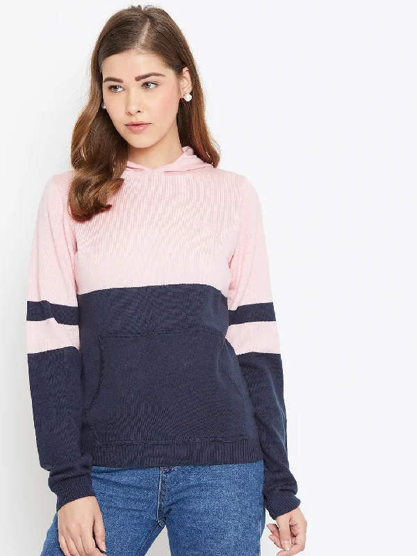 Oversized Women Sweater for a Cozy and Fashionable LookJUMP USA Women Pink Colourblocked Hooded Sweater