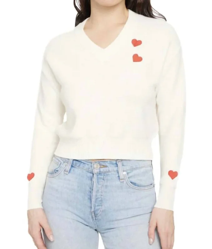 Open - Front Women Sweater for Easy LayeringLilla V Neck Sweater With Embroidered Hearts In Cloud