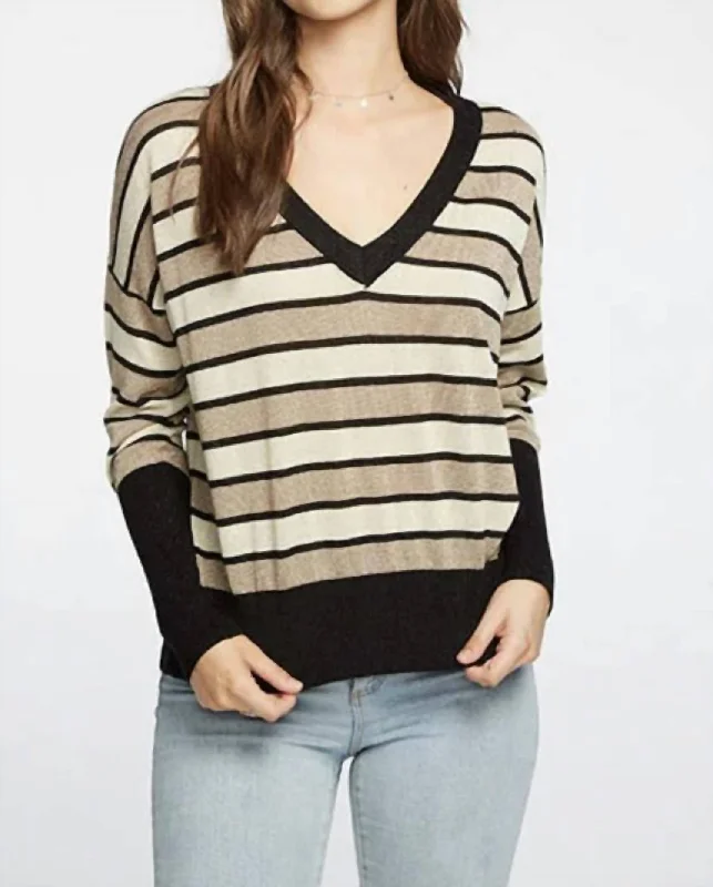 Lightweight Women Sweater for Spring and FallLong Sleeve Striped V-Neck Sweater In Black & Gold Stripe