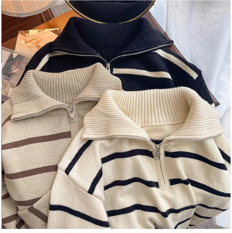 Cashmere Women Sweater with a Luxurious Soft TouchNew striped sweater for women chic half zipper knitted top     S4885