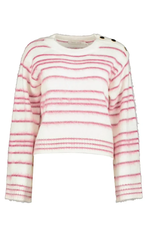 Button - Down Women Sweater for a Versatile LookNoelle Stripe Fuzzy Sweater In Pink/white