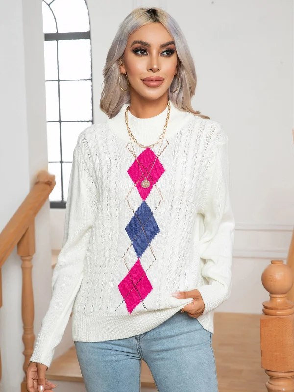 Hand - Knitted Women Sweater with Artisanal CharmOpenwork Geometric Mock Neck Sweater