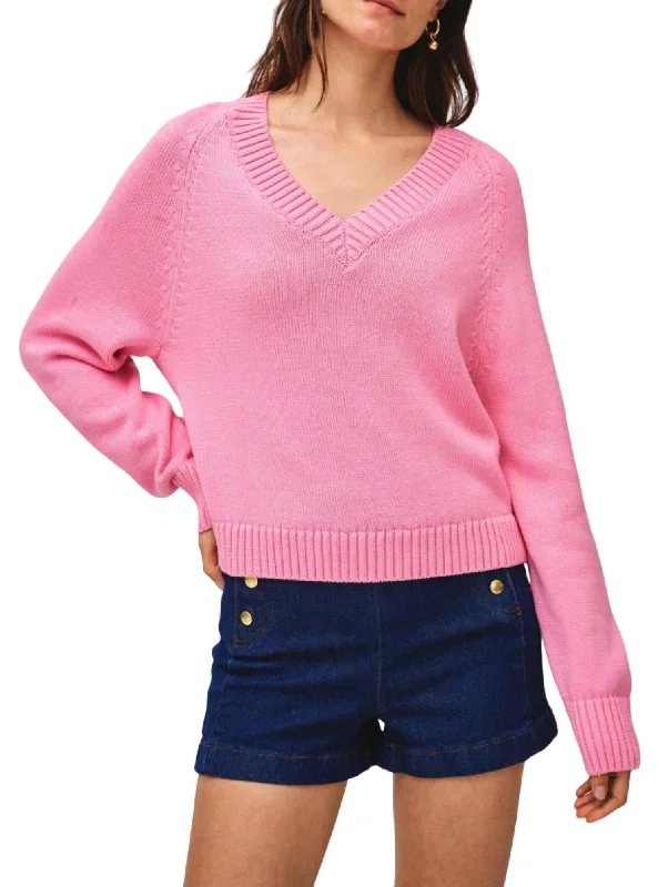 Chunky Knit Women Sweater for Winter WarmthOrganic Cotton Classic V-Neck Sweater In Bubblegum Pink