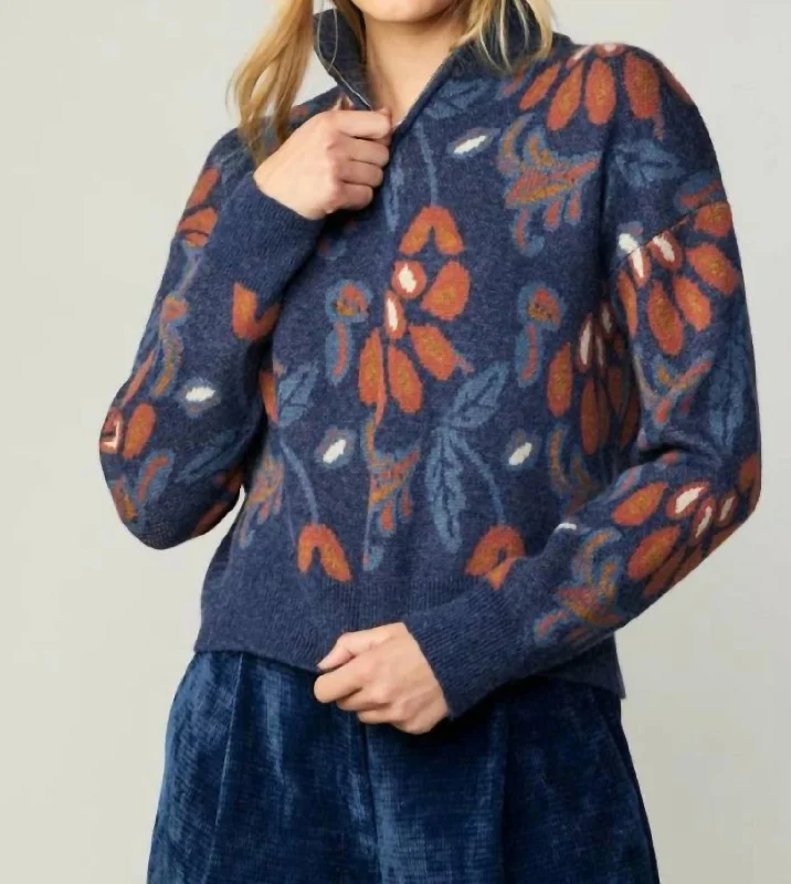 Lightweight Women Sweater for Spring and FallPatterned Jacquard Half Zip Sweater In Denim Blue Multi