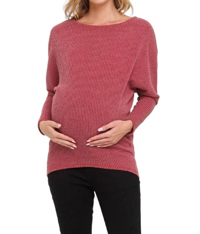 Cashmere Women Sweater with a Luxurious Soft TouchRib Knit Boat Neck Maternity Top In Red