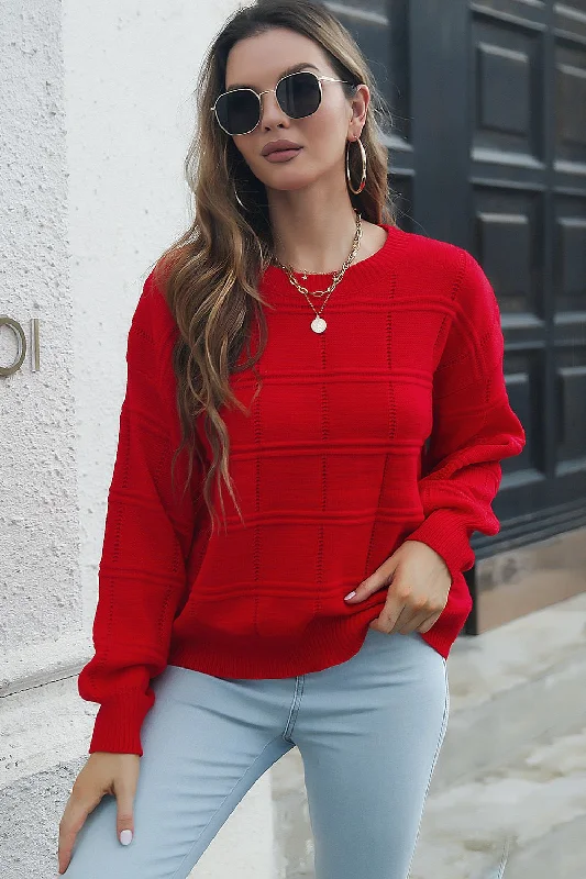 Long - Sleeve Women Sweater with Ribbed CuffsRound Neck Long Sleeve Sweater