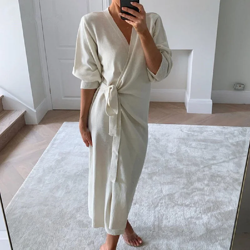 Lightweight Women Sweater for Spring and FallSolid White Kimono Style Tied Waist Long Sleeve Wrap Maxi Knit Dress