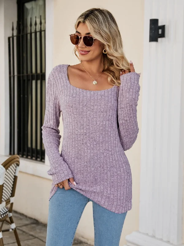 Plus - Size Women Sweater with a Flattering FitSquare Neck Ribbed Long Sleeve T-Shirt