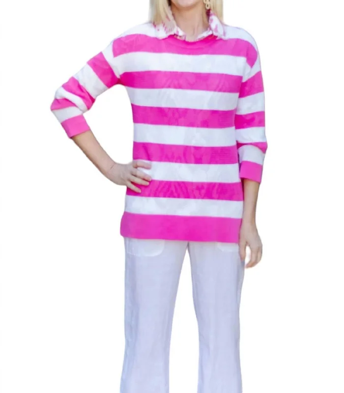 Open - Front Women Sweater for Easy LayeringStriped Crew Sweater In Pink