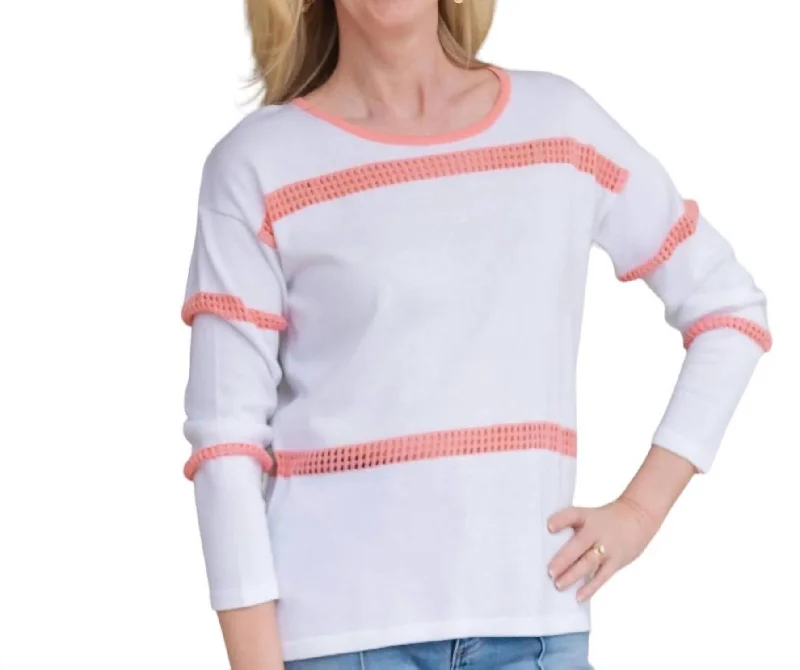 Cashmere Women Sweater with a Luxurious Soft TouchStriped Scoopneck Sweater In White/coral