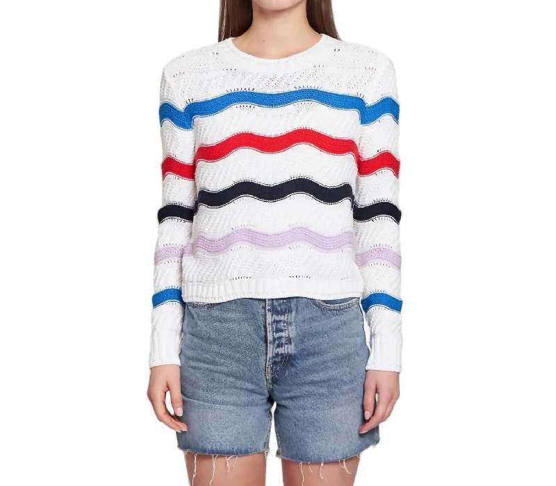 Lightweight Women Sweater for Spring and FallWavy Stripe Crew Sweater In White Brights