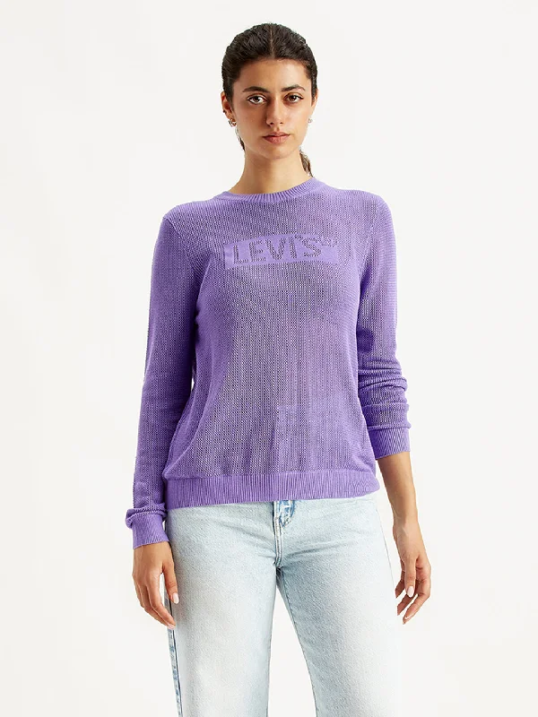 Hand - Knitted Women Sweater with Artisanal CharmWomen's Brand Logo Purple Crew Neck Sweater