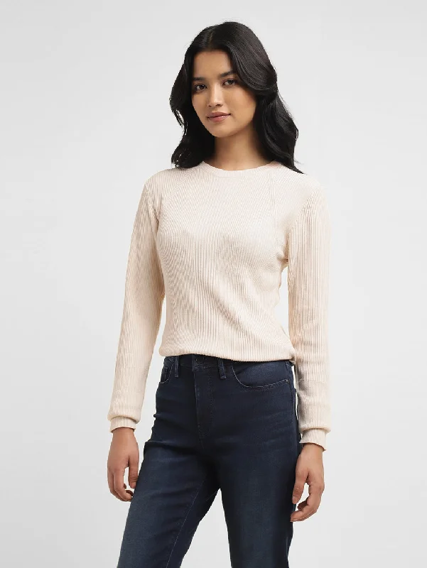 Button - Down Women Sweater for a Versatile LookWomen's Self Design Beige Crew Neck Sweater