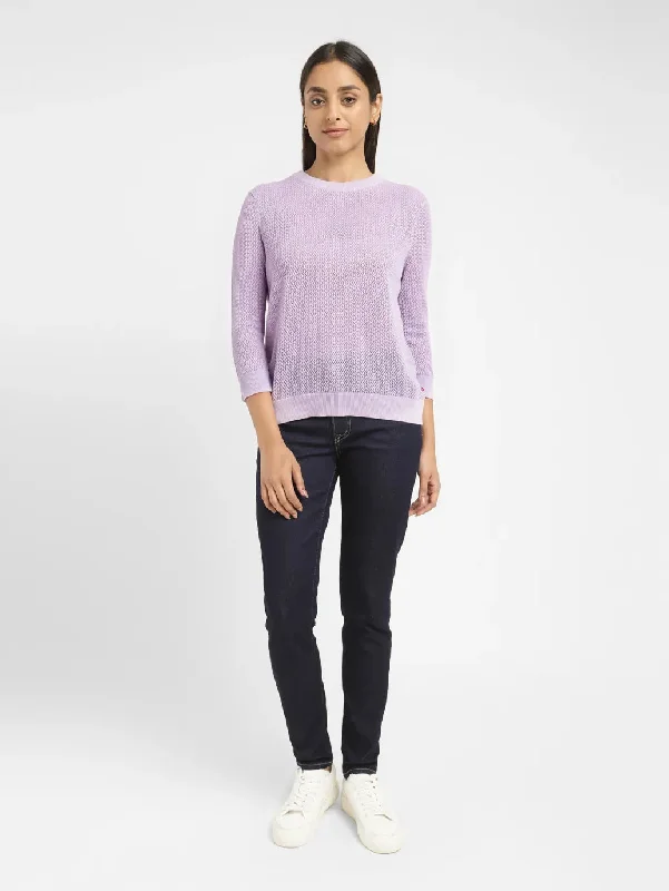 Organic Cotton Women Sweater for an Eco - Friendly ChoiceWomen's Self Design Lilac Crew Neck Sweater