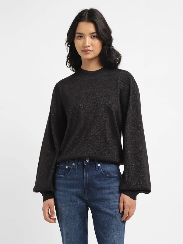 Cable - Knit Women Sweater with Intricate PatternsWomen's Solid Black Crew Neck Sweater