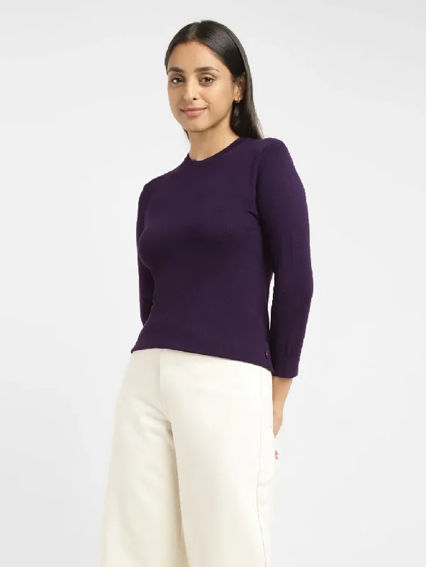 Chunky Knit Women Sweater for Winter WarmthWomen's Solid Purple Crew Neck Sweater