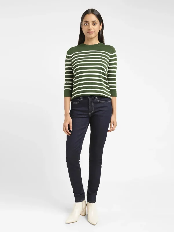 Cable - Knit Women Sweater with Intricate PatternsWomen's Striped Green Crew Neck Sweater