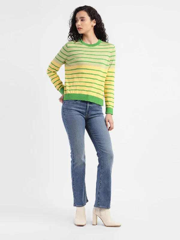 Hand - Knitted Women Sweater with Artisanal CharmWomen's Striped Multicolor Crew Neck Sweater