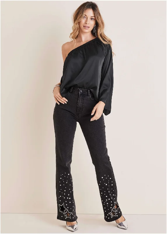 Turtleneck Women Sweater for a Classic and Elegant StyleRhinestone Embellished Jeans - Black Wash