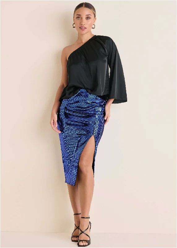 Button - Down Women Sweater for a Versatile LookSequin Midi Skirt - Blue & Black