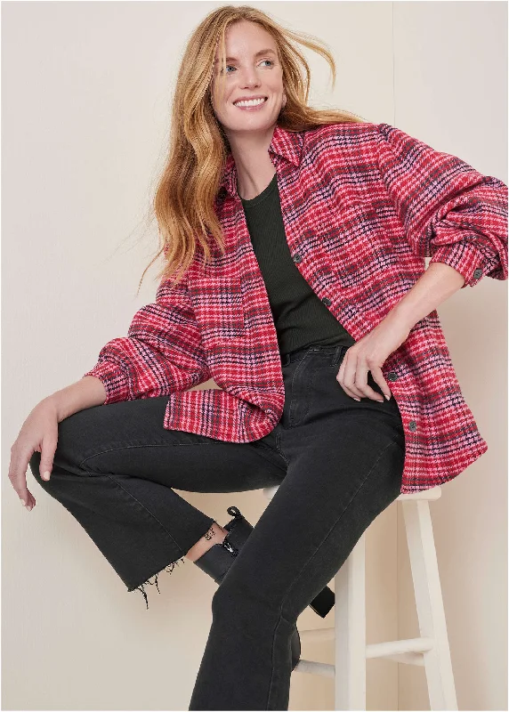 Button - Down Women Sweater for a Versatile LookPlaid Shacket - Red Multi