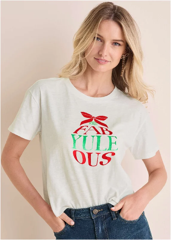 Hand - Knitted Women Sweater with Artisanal CharmFab-Yule-Ous Graphic Tee - Off White