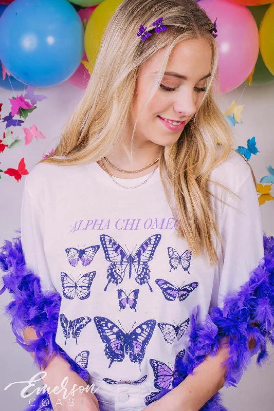 Graphic Print Women T Shirt for a Trendy StatementAlpha Chi Omega Butterfly Effect Bid Day Tee