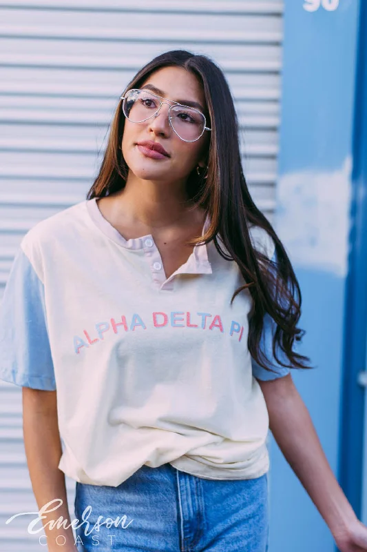 Crew Neck Women T Shirt with a Timeless DesignAlpha Delta Pi Retro PR Colorblock Henley