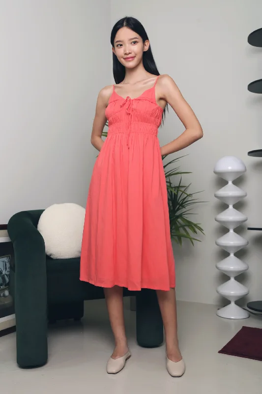 Empire Waist Women Dress to Accentuate the Bust and Conceal the WaistBecks Ruched Strappy Midi Dress Coral